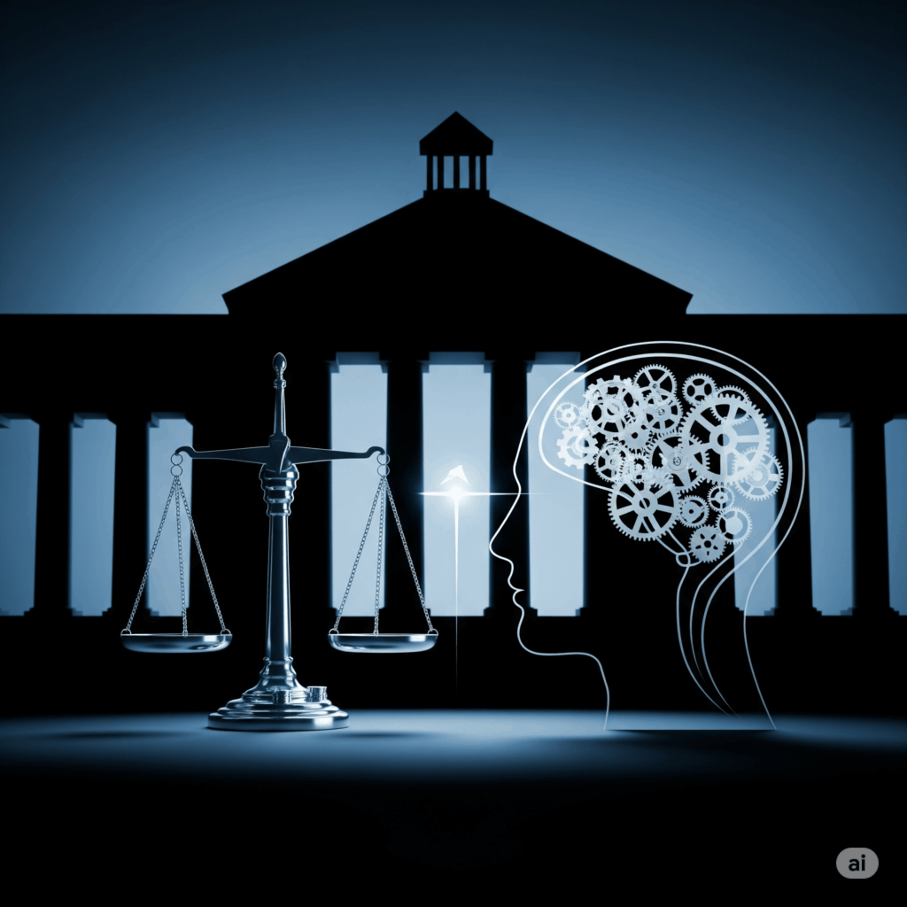 Illustration mit einer Justitia-Waage, einem stilisierten Kopf mit Zahnrädern (Symbol für Denken) und dem Umriss eines Gerichtsgebäudes im Hintergrund.