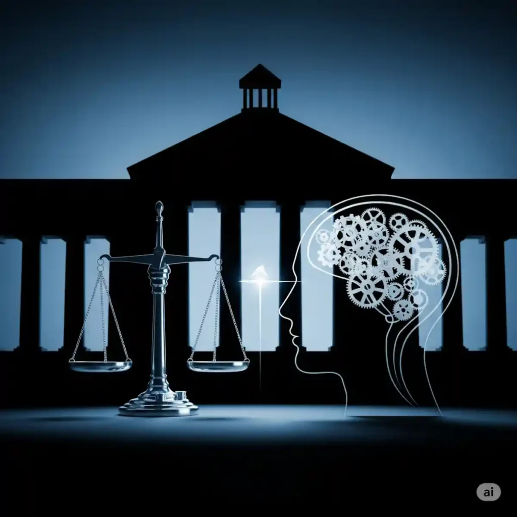 Illustration mit einer Justitia-Waage, einem stilisierten Kopf mit Zahnrädern (Symbol für Denken) und dem Umriss eines Gerichtsgebäudes im Hintergrund.