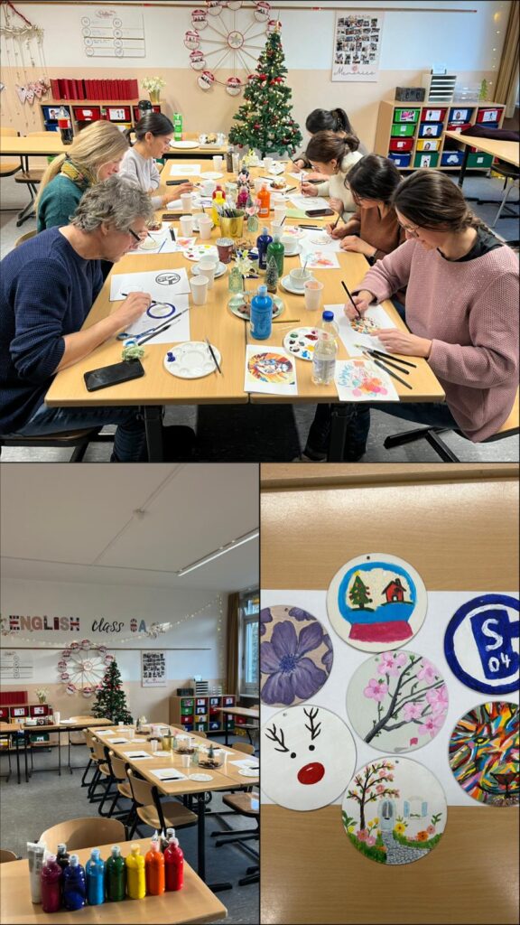 Szene um einen Tisch herum und Ergebnisse des Mal-Events