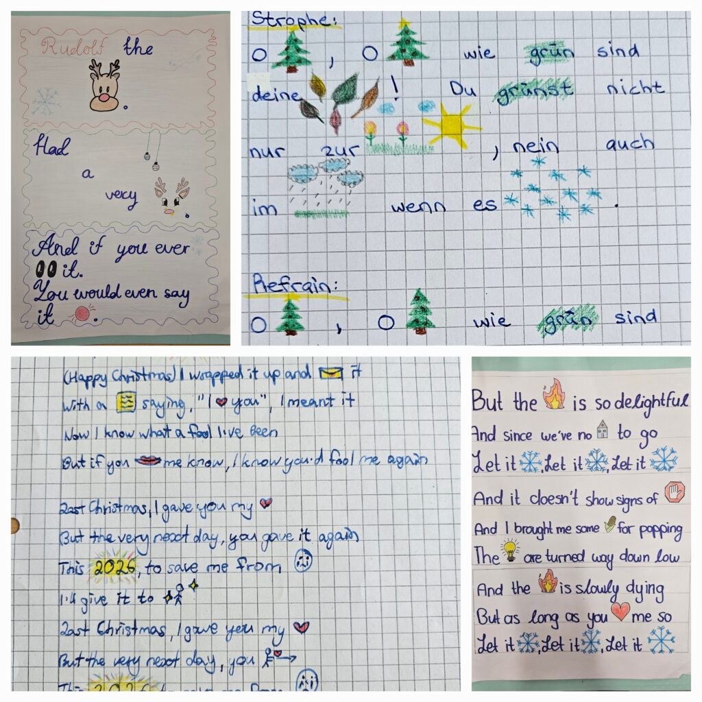 Ergebnisse der Schülerarbeiten. Bilder und Symbolse, die Liedtexte begleiten.