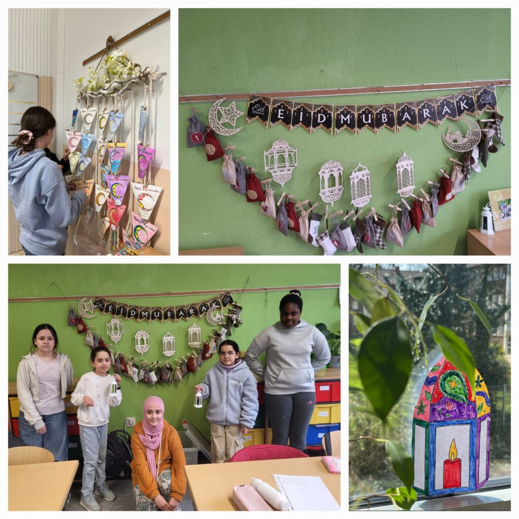 Ein festlich geschmückter Klassenraum und Schülerinnen neben einer Dekoration zum Ramadanfest.