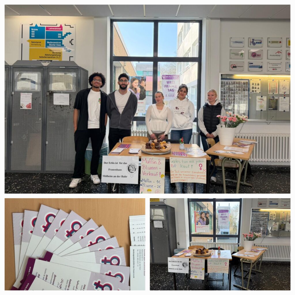 Verkaufsstand zur Weltfrauentag-Aktion. Im Hintergrund Schülerinnen und Schüler der SV.