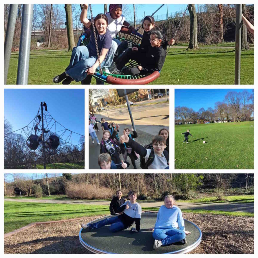 Szenen der Klasse 5E bei einem sportlichen Nachmittag im Stadtpark. Dargestellt werden Sport und Spiel.