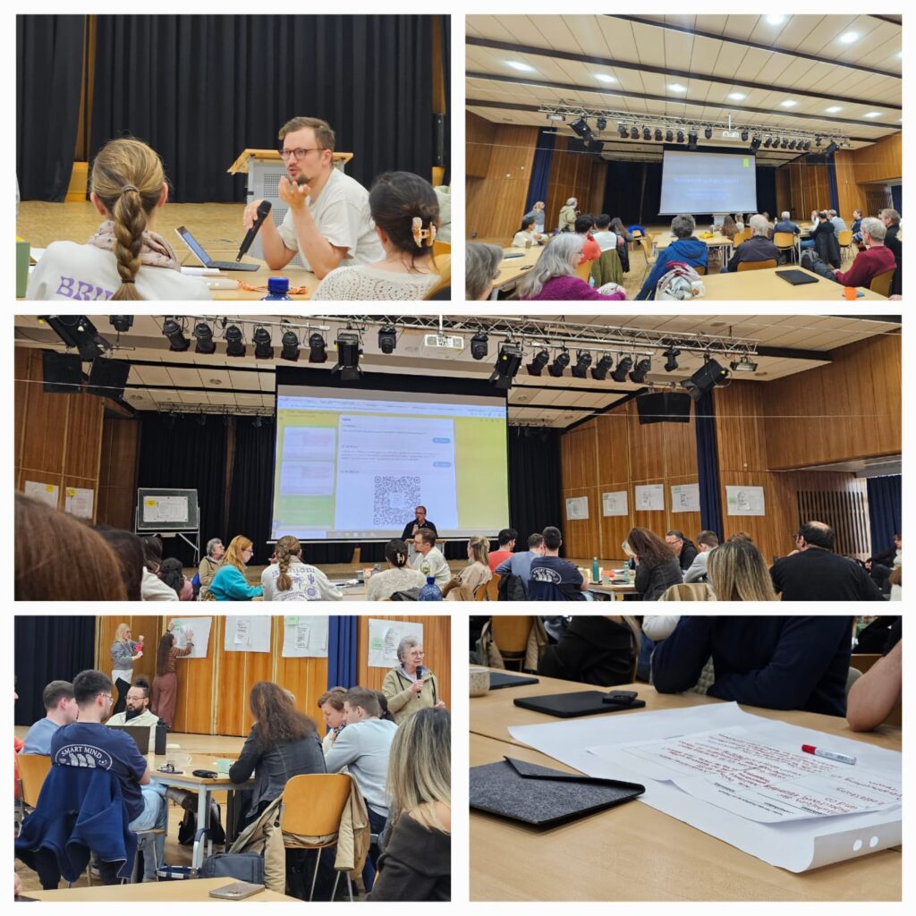 Szenen des Fortbildungstages in der Aula der GSM mit Kolleginnen und Kollegen.