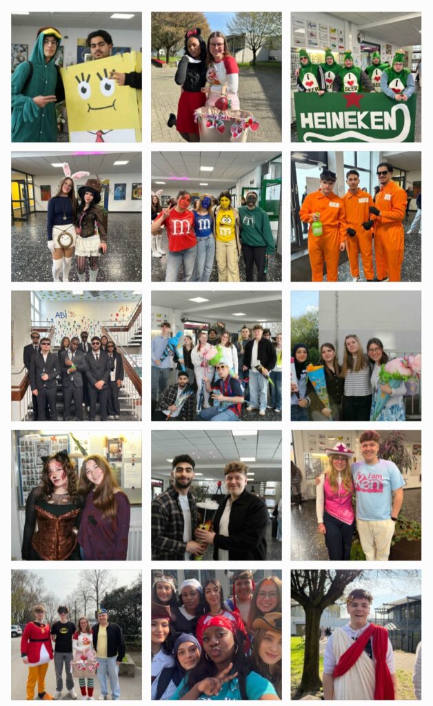 Szenen aus der Mottowoche mit Schülern in verschiedenen Kostümen.